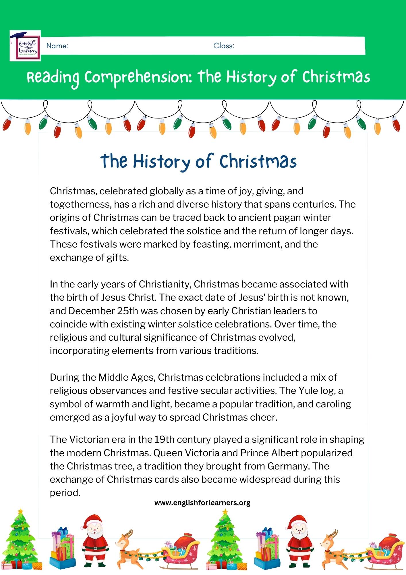 reading comprehension the history of christmas -